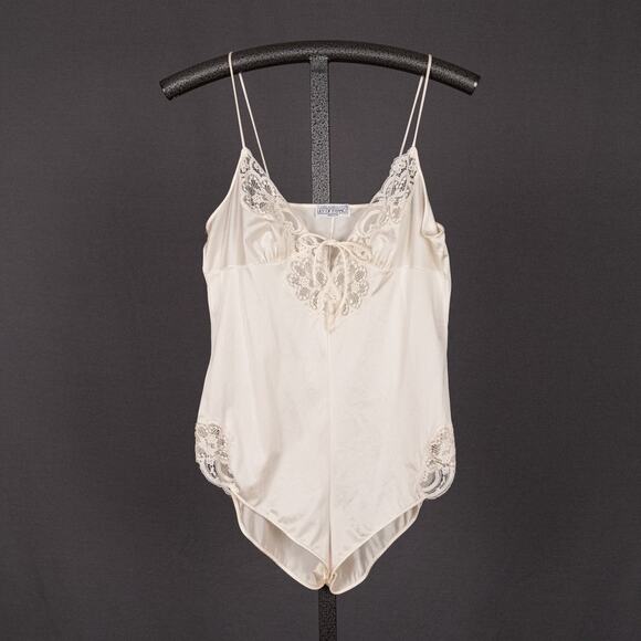 Vintage Lily of France Satin Lace Bodysuit Lingerie MEDIUM Ivory Cream USA Union - Picture 1 of 5